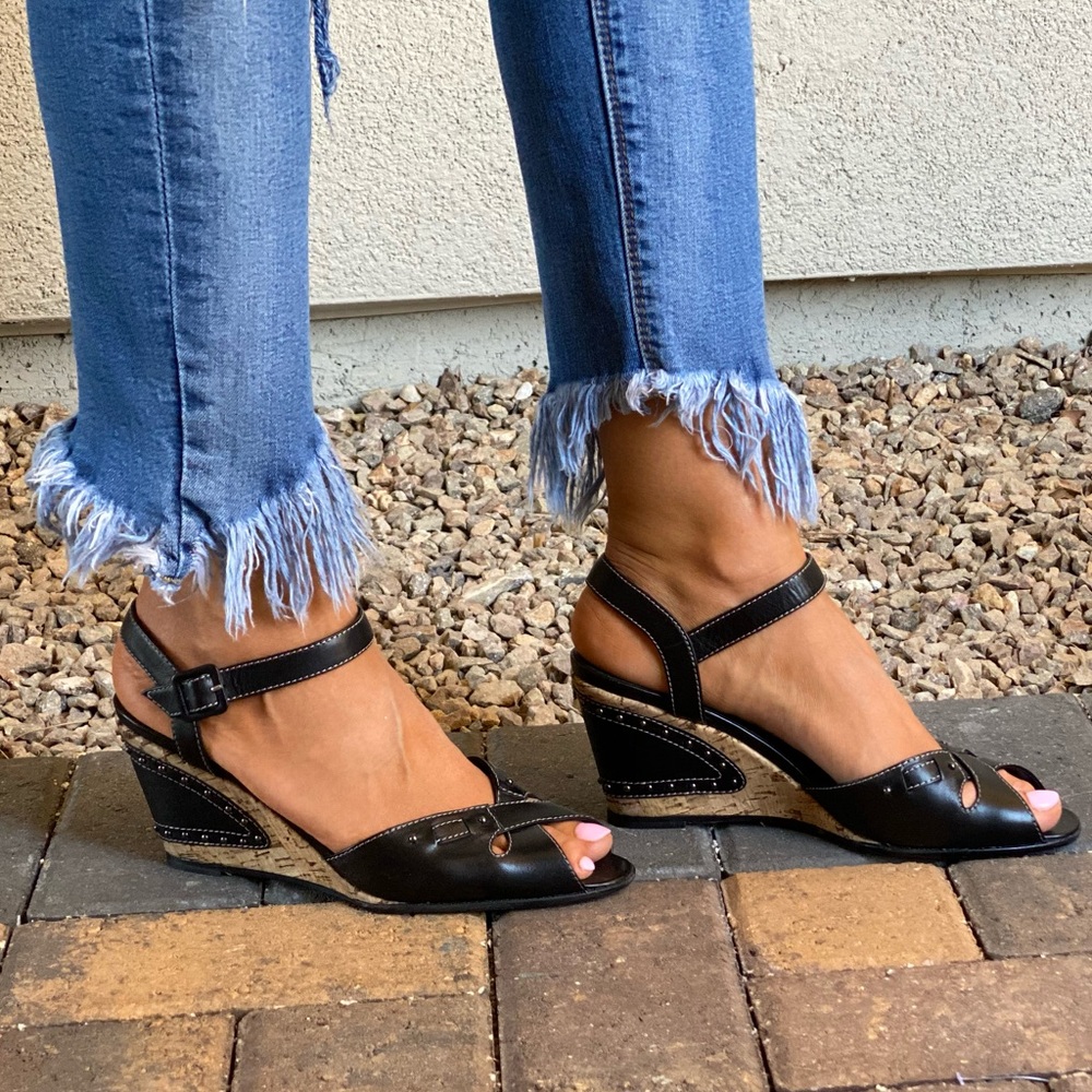 Black Leather Peep Toe Cork Kitten Wedge Sandal - Picture 6 of 7